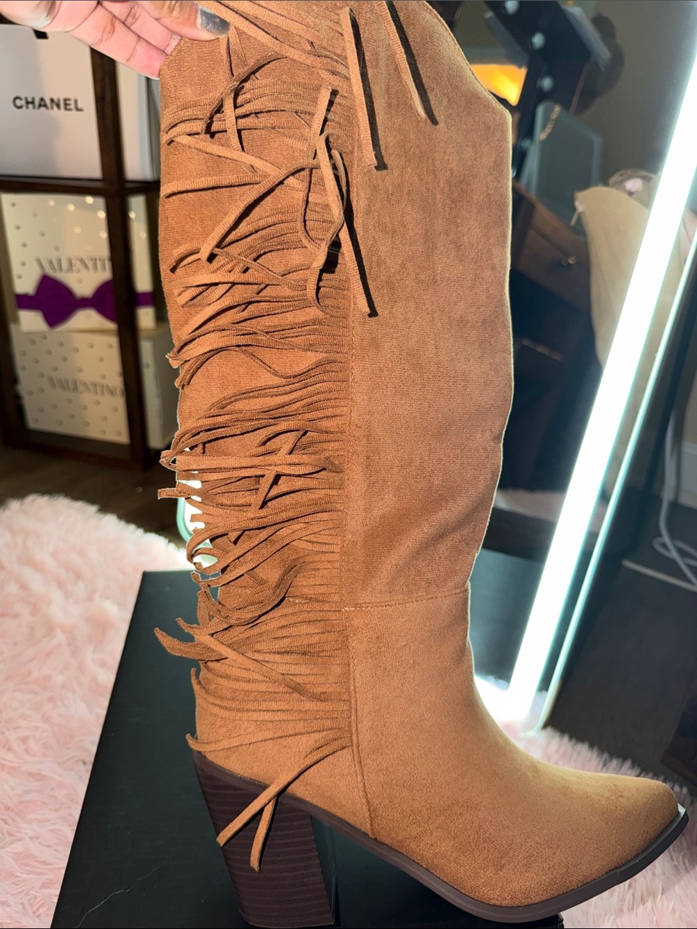 Windsor Tan Suede Fringe Lace-Up Knee Boot